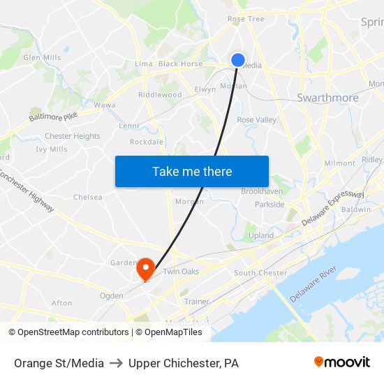Orange St/Media to Upper Chichester, PA map