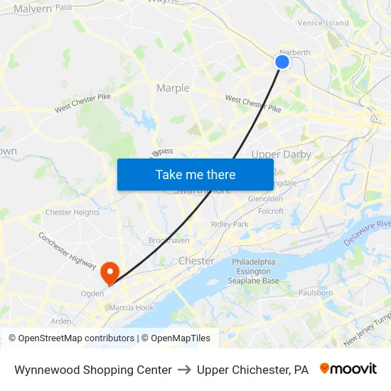 Wynnewood Shopping Center to Upper Chichester, PA map
