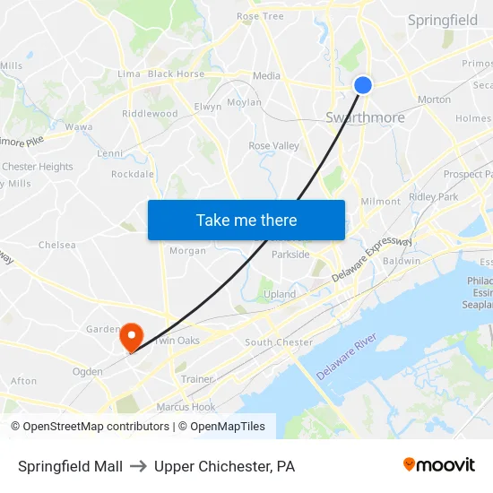 Springfield Mall to Upper Chichester, PA map