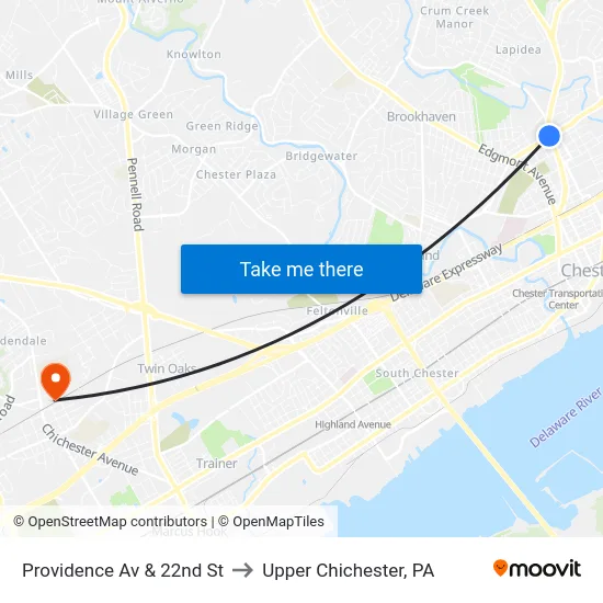 Providence Av & 22nd St to Upper Chichester, PA map