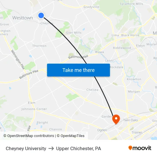Cheyney University to Upper Chichester, PA map