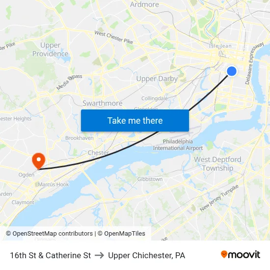 16th St & Catherine St to Upper Chichester, PA map