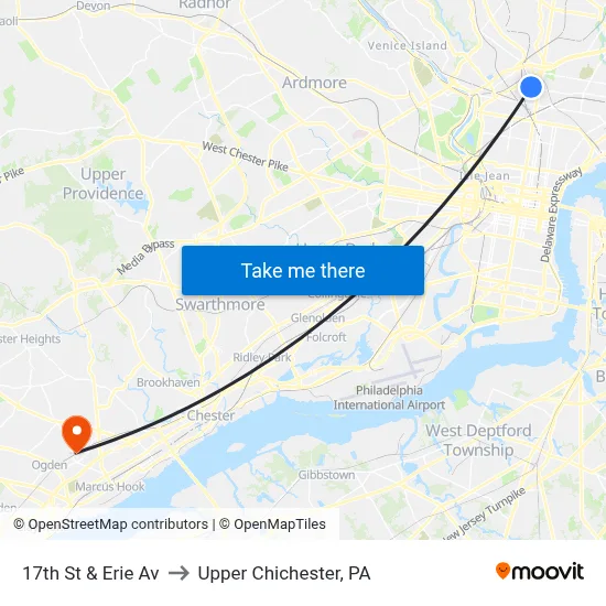 17th St & Erie Av to Upper Chichester, PA map