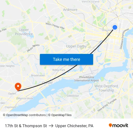 17th St & Thompson St to Upper Chichester, PA map
