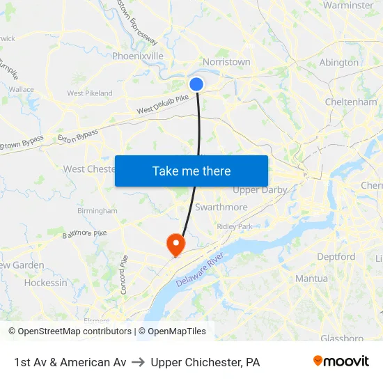 1st Av & American Av to Upper Chichester, PA map