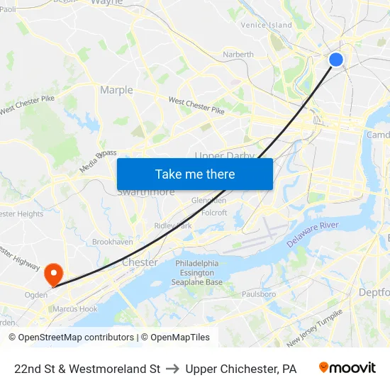 22nd St & Westmoreland St to Upper Chichester, PA map