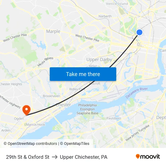 29th St & Oxford St to Upper Chichester, PA map