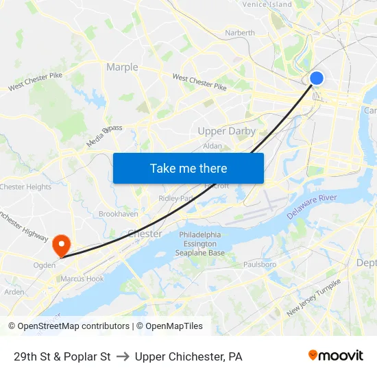 29th St & Poplar St to Upper Chichester, PA map