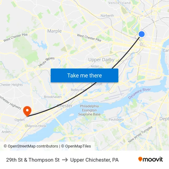 29th St & Thompson St to Upper Chichester, PA map