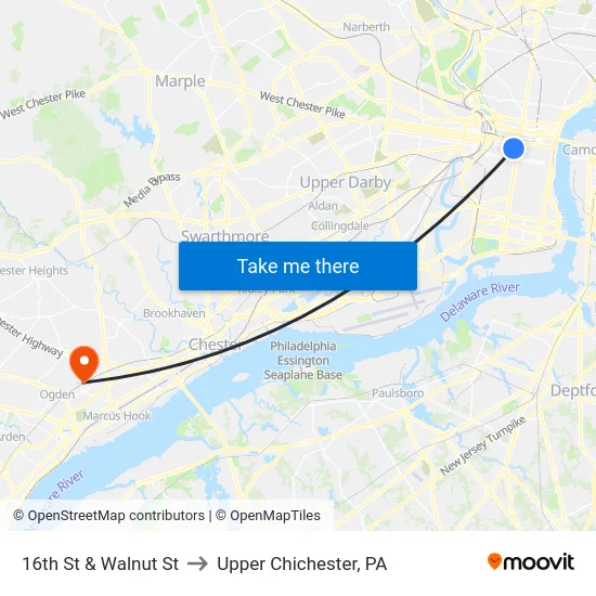 16th St & Walnut St to Upper Chichester, PA map