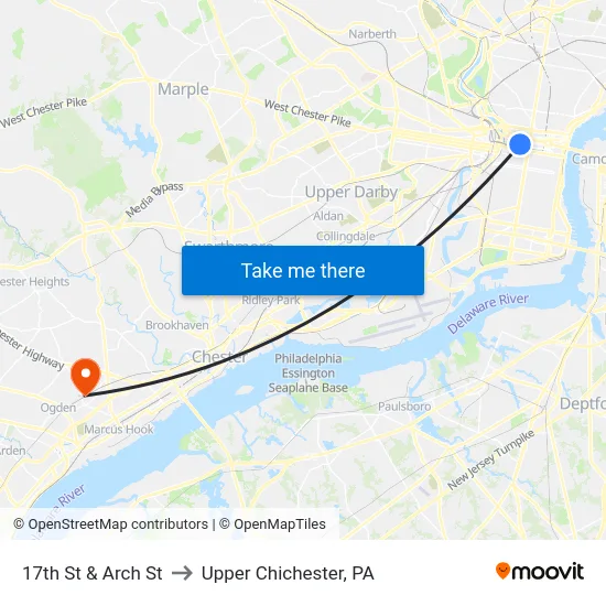17th St & Arch St to Upper Chichester, PA map
