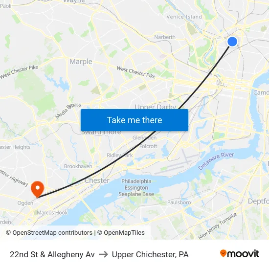 22nd St & Allegheny Av to Upper Chichester, PA map