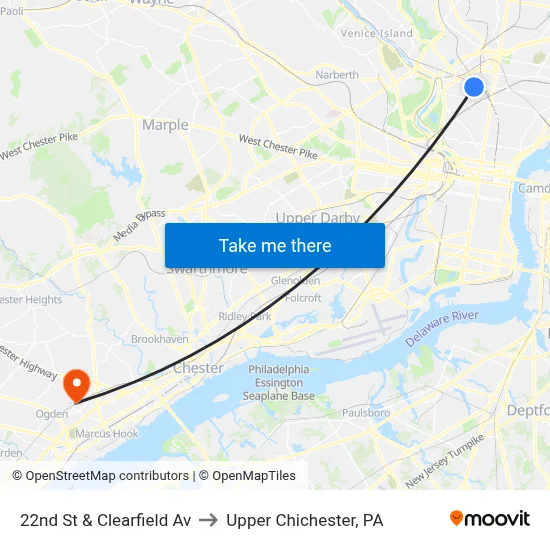 22nd St & Clearfield Av to Upper Chichester, PA map