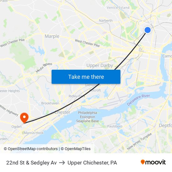 22nd St & Sedgley Av to Upper Chichester, PA map