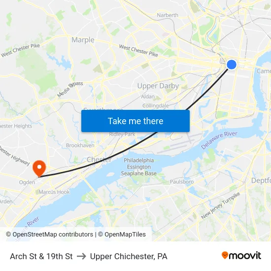 Arch St & 19th St to Upper Chichester, PA map