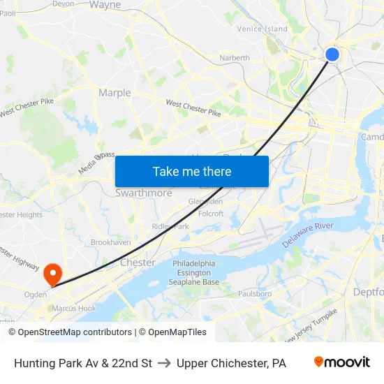 Hunting Park Av & 22nd St to Upper Chichester, PA map