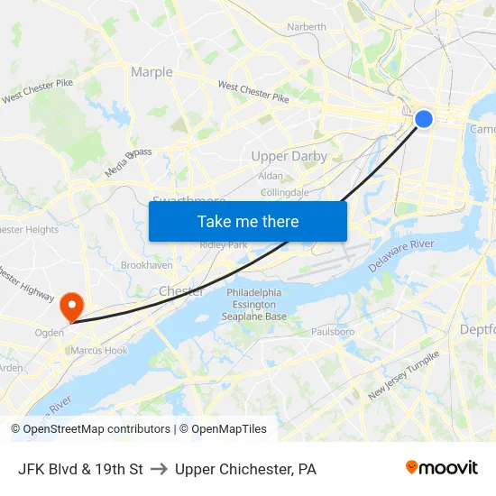 JFK Blvd & 19th St to Upper Chichester, PA map