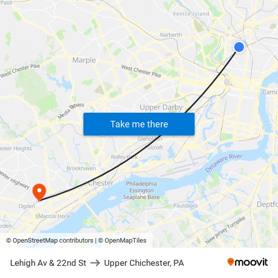Lehigh Av & 22nd St to Upper Chichester, PA map