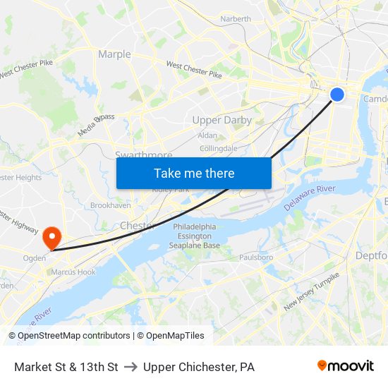 Market St & 13th St to Upper Chichester, PA map