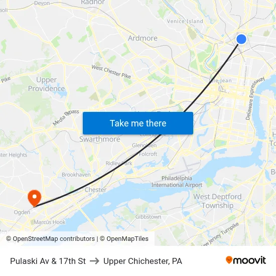 Pulaski Av & 17th St to Upper Chichester, PA map