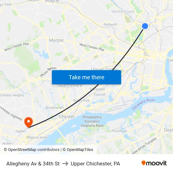 Allegheny Av & 34th St to Upper Chichester, PA map
