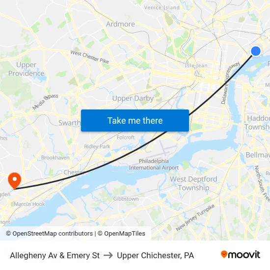 Allegheny Av & Emery St to Upper Chichester, PA map