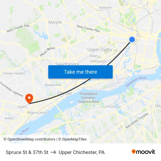 Spruce St & 37th St to Upper Chichester, PA map