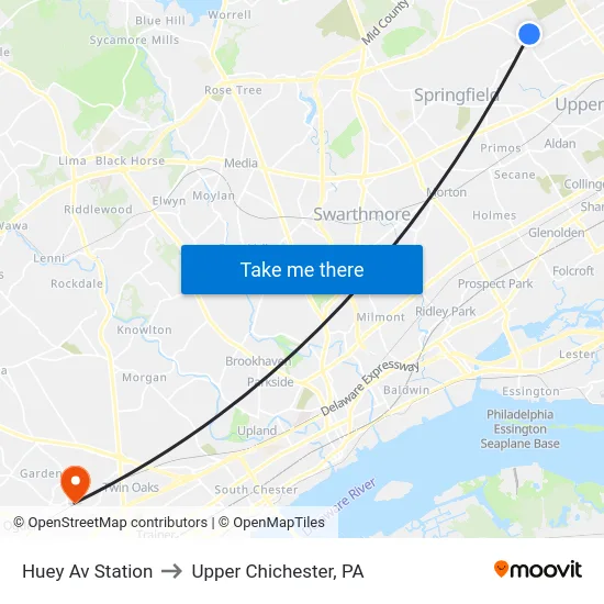 Huey Av Station to Upper Chichester, PA map