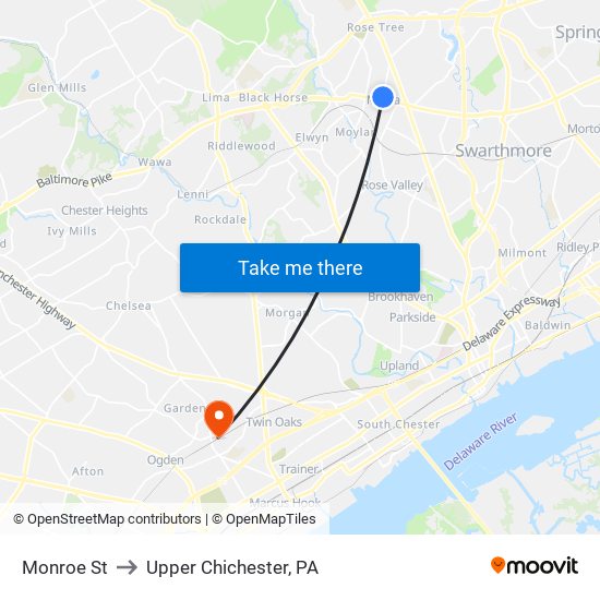 Monroe St to Upper Chichester, PA map