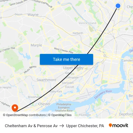 Cheltenham Av & Penrose Av to Upper Chichester, PA map