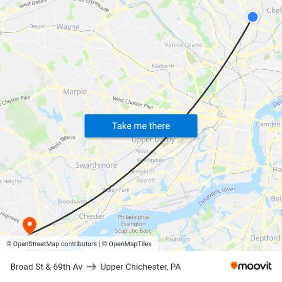 Broad St & 69th Av to Upper Chichester, PA map