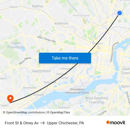 Front St & Olney Av to Upper Chichester, PA map