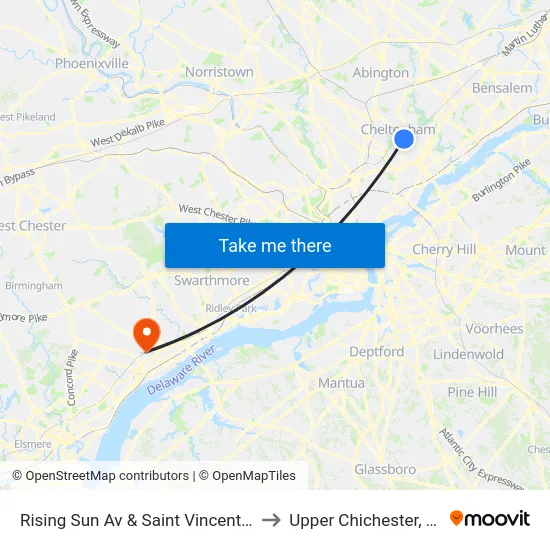 Rising Sun Av & Saint Vincent St to Upper Chichester, PA map