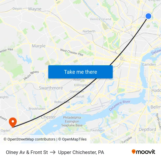 Olney Av & Front St to Upper Chichester, PA map