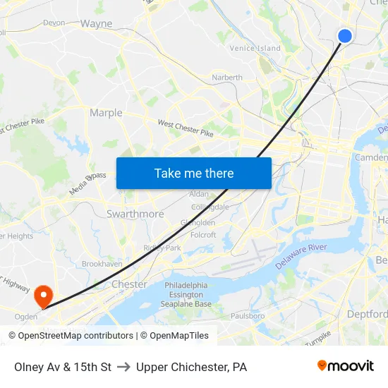 Olney Av & 15th St to Upper Chichester, PA map