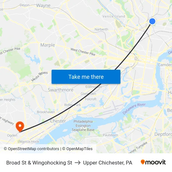 Broad St & Wingohocking St to Upper Chichester, PA map