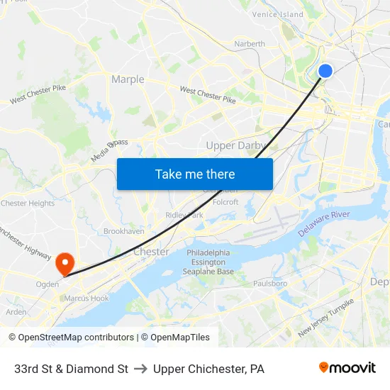 33rd St & Diamond St to Upper Chichester, PA map