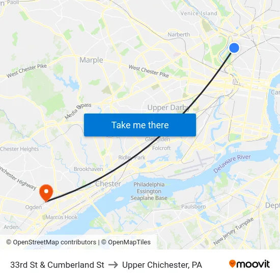 33rd St & Cumberland St to Upper Chichester, PA map
