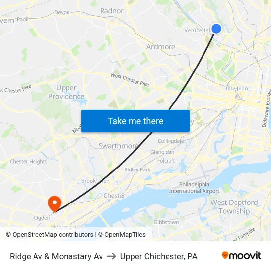 Ridge Av & Monastary Av to Upper Chichester, PA map
