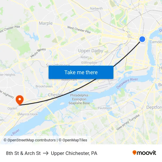 8th St & Arch St to Upper Chichester, PA map