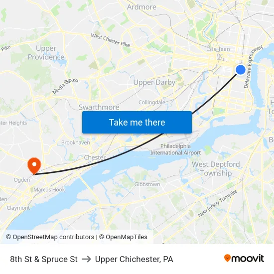 8th St & Spruce St to Upper Chichester, PA map