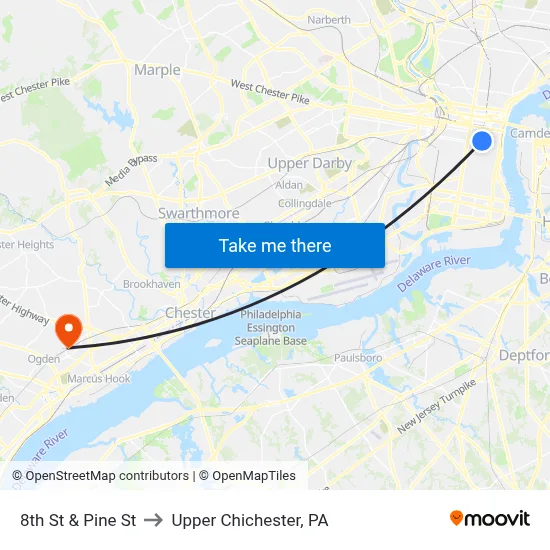 8th St & Pine St to Upper Chichester, PA map