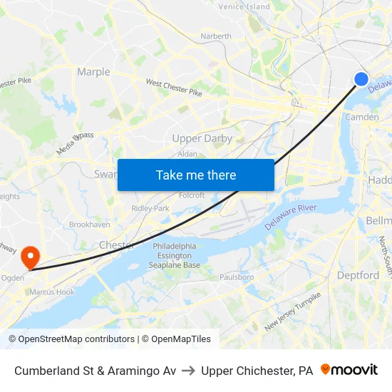 Cumberland St & Aramingo Av to Upper Chichester, PA map