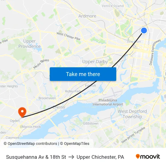 Susquehanna Av & 18th St to Upper Chichester, PA map
