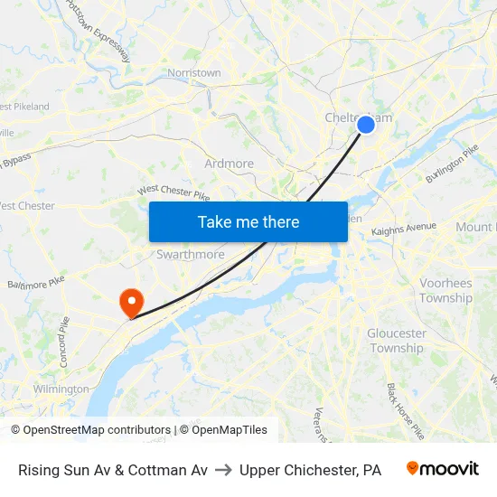 Rising Sun Av & Cottman Av to Upper Chichester, PA map