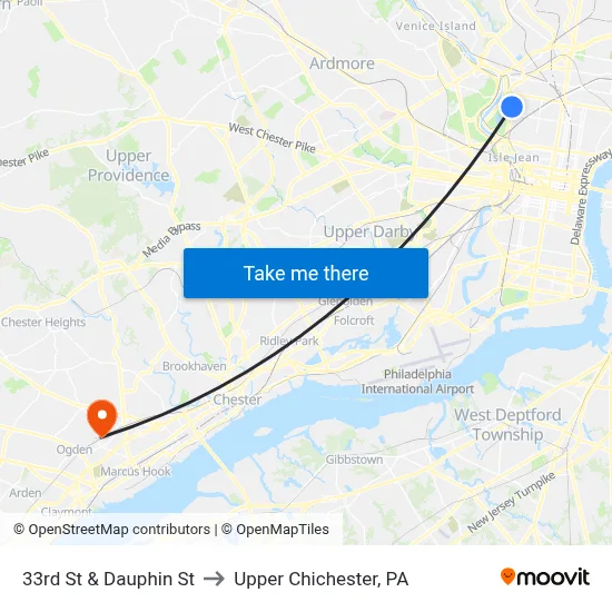 33rd St & Dauphin St to Upper Chichester, PA map