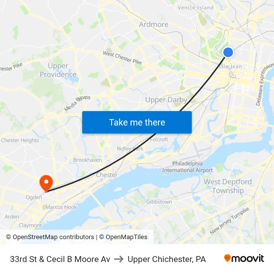 33rd St & Cecil B Moore Av to Upper Chichester, PA map