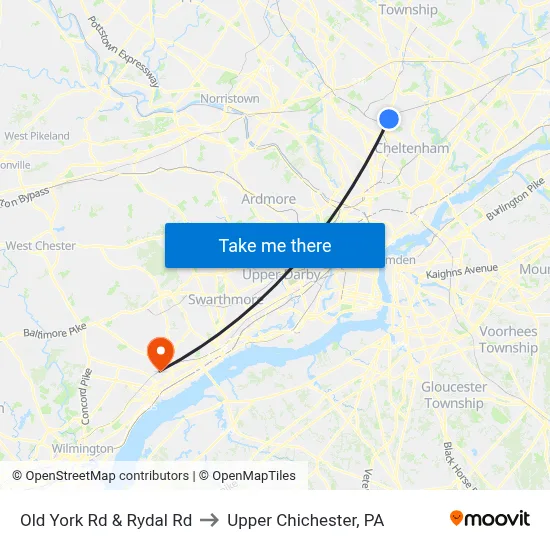 Old York Rd & Rydal Rd to Upper Chichester, PA map