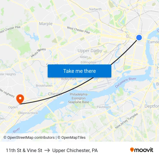 11th St & Vine St to Upper Chichester, PA map