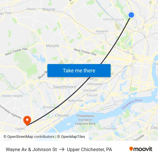 Wayne Av & Johnson St to Upper Chichester, PA map